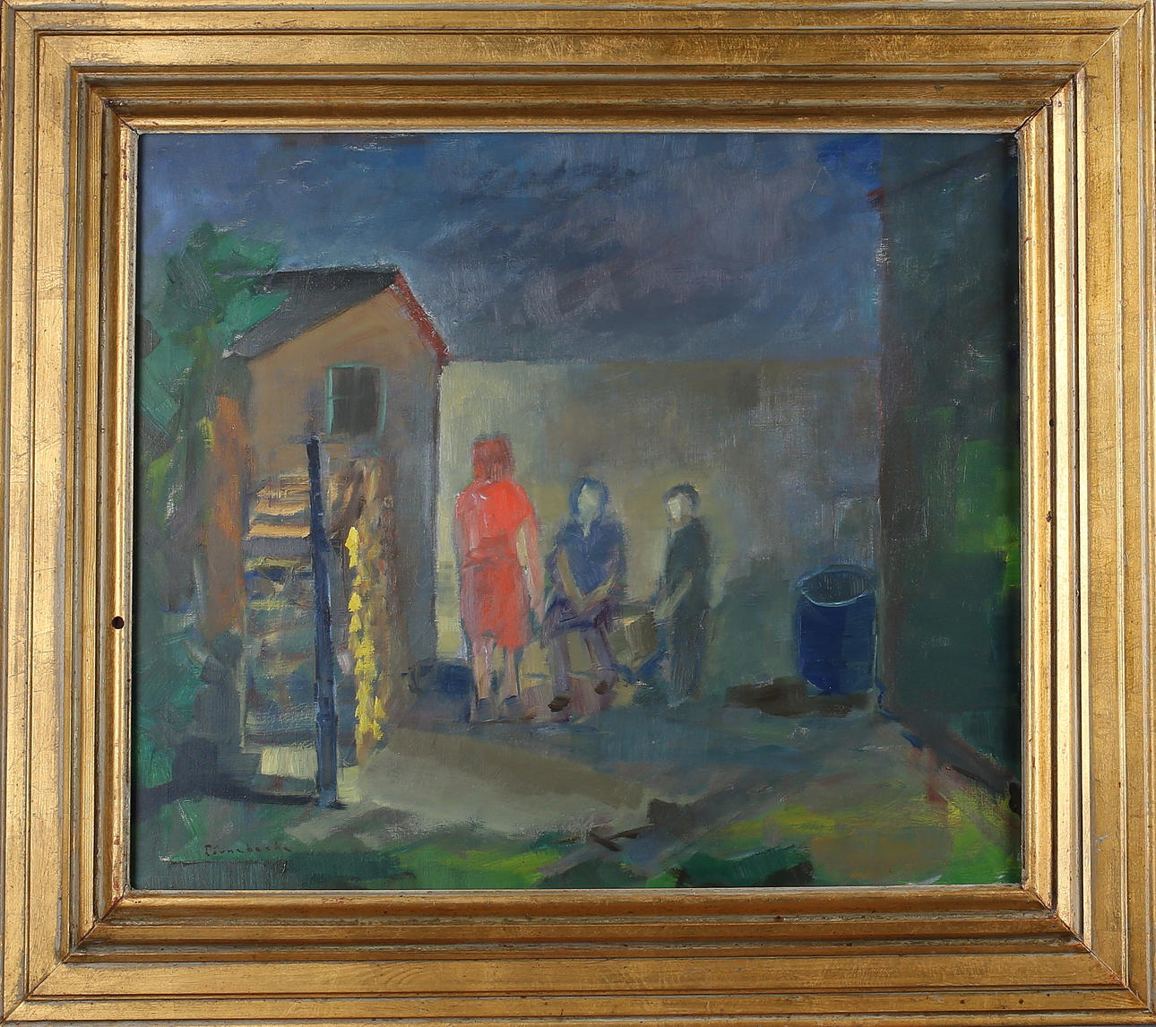 PÄR IVAR (TÖRNEBACKE) JOGSTAD. Kvinnor vid Hus, olja på duk, signerad Törnebacke.