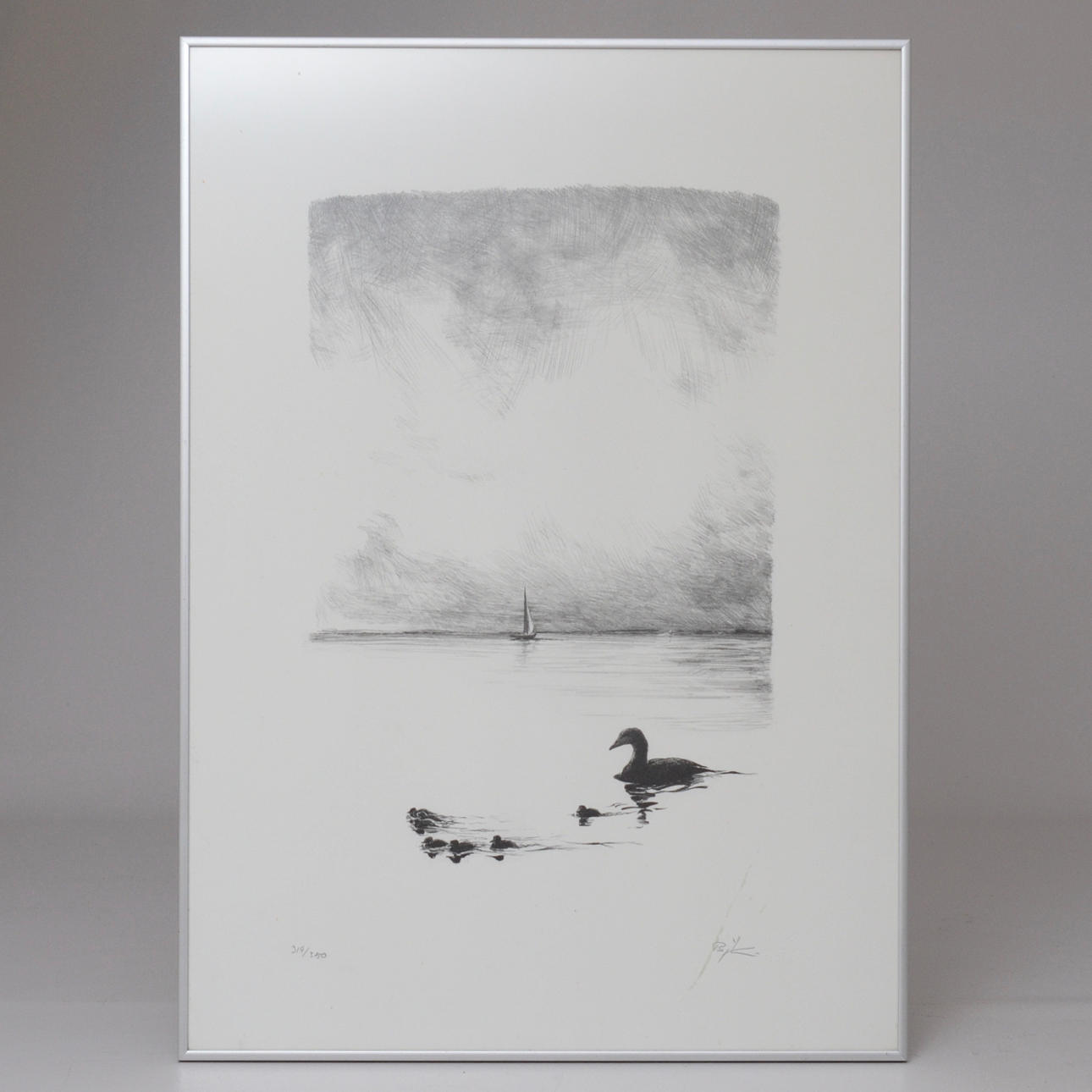 Oidentifierad konstnär.sjöfågel med ungar.