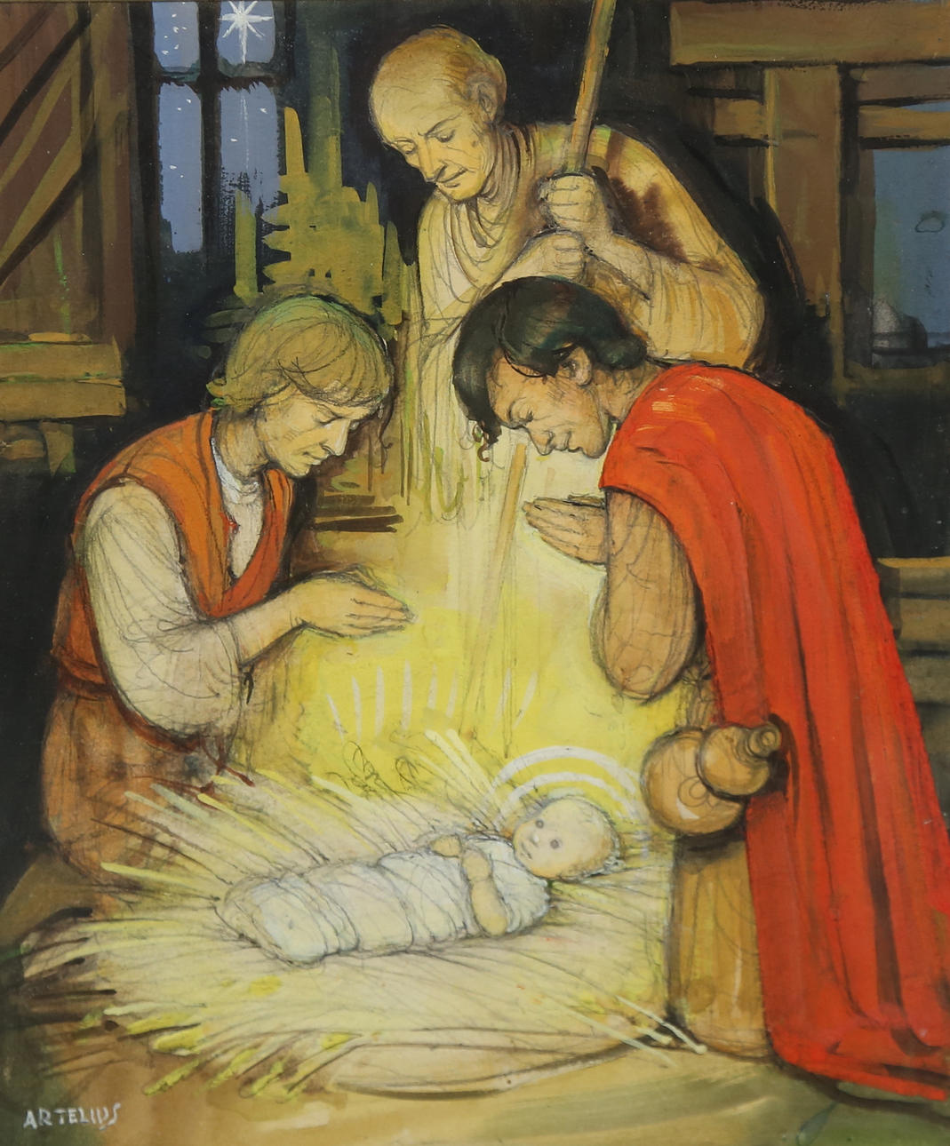 HELGE ARTELIUS. mixed media, Jesus and the Three Wise Men, signed ...