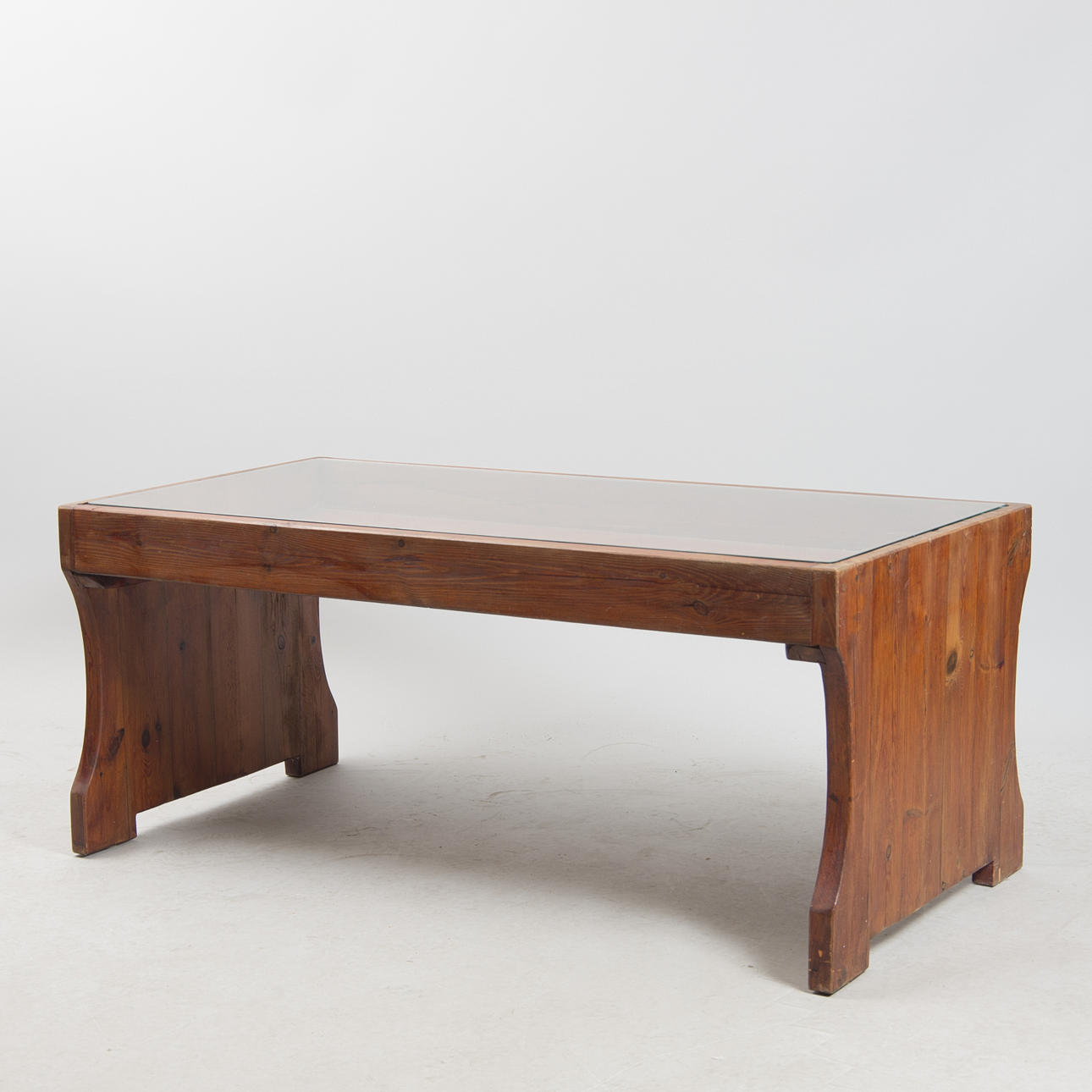 SOFFBORD MED VITRINLÅDA, glas/betsat trä.