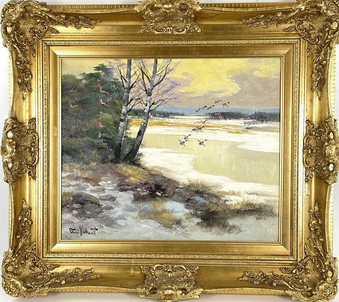 BERTIL WIDBRANDT. Oil on canvas, Ducks lifting, signed.
