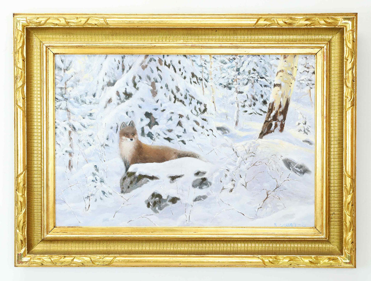 BERTIL ERSSON. Oil on canvas, Fox in winter forest, signed.