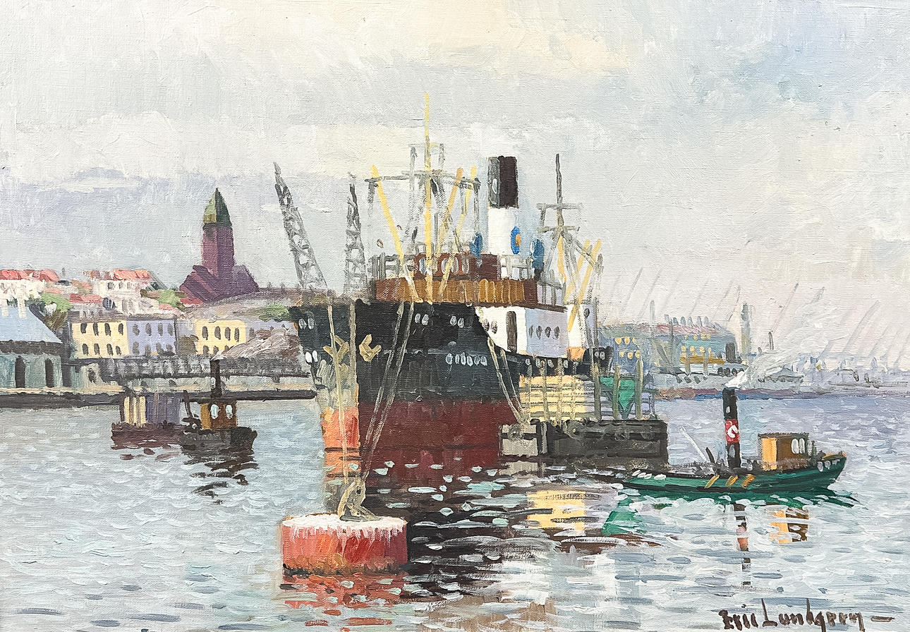 ERIC LUNDGREN. OIL ON CANVAS, “Göteborgs hamn”, signed.