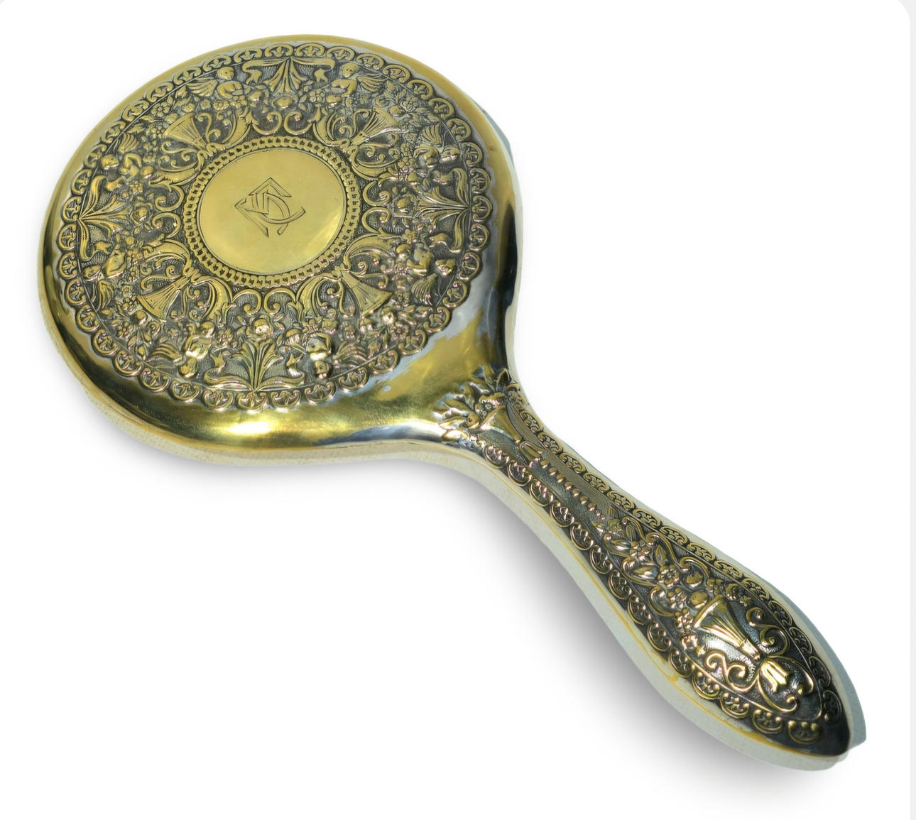 Vanity mirror in silver metal.