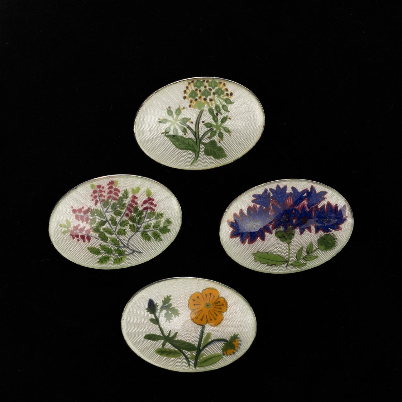 Brooches, 4 pcs, Sterling silver, Enamel decor.