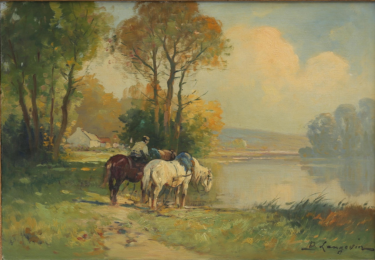 BRIGITTE LANGEVIN. Hästar vid vatten, olja på duk, signerad.