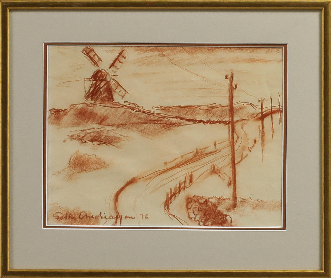 FOLKE ANDREASSON. Landsväg med väderkvarn, rödkrita, sign o daterad -36.