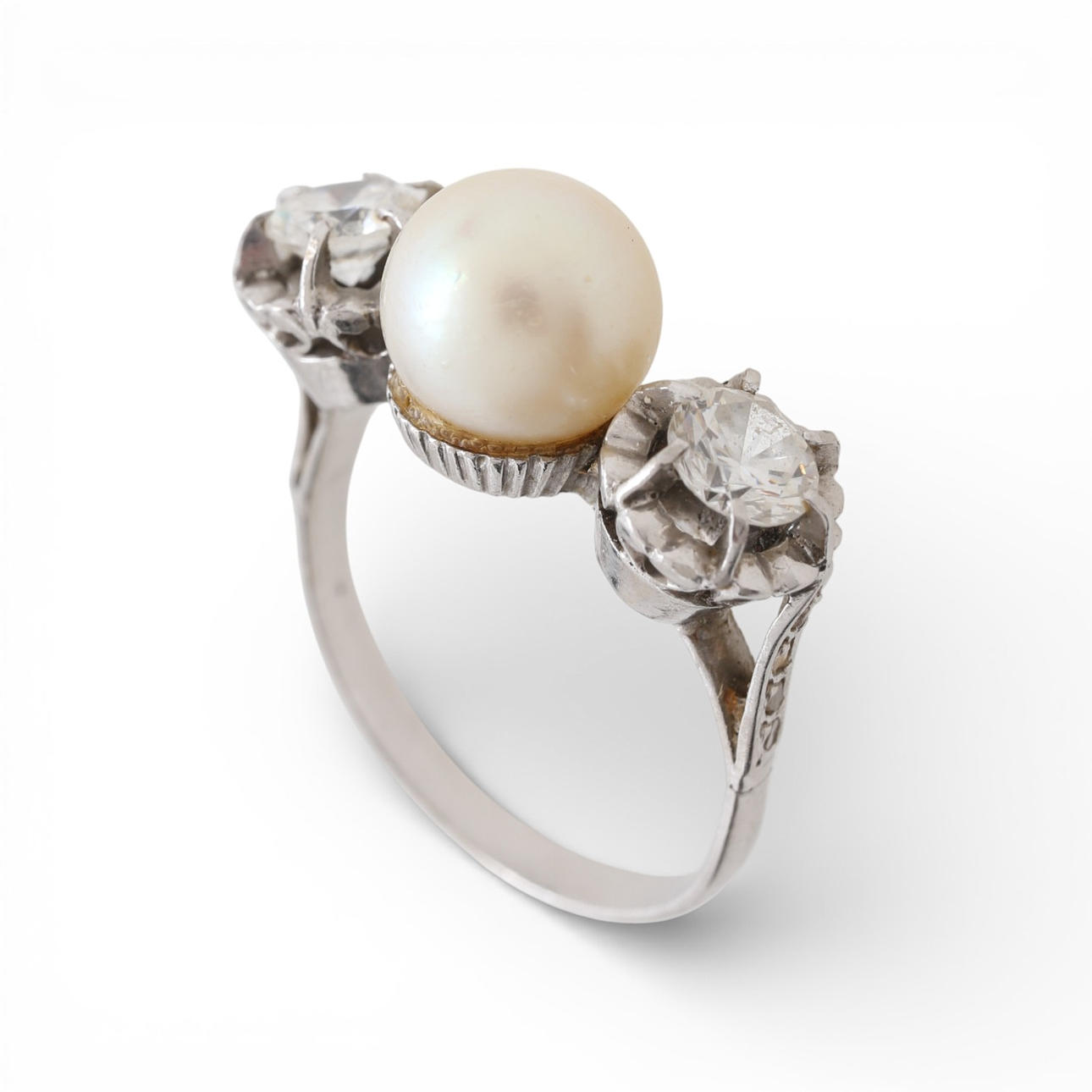 Pearl and gemstones triplet ring.
