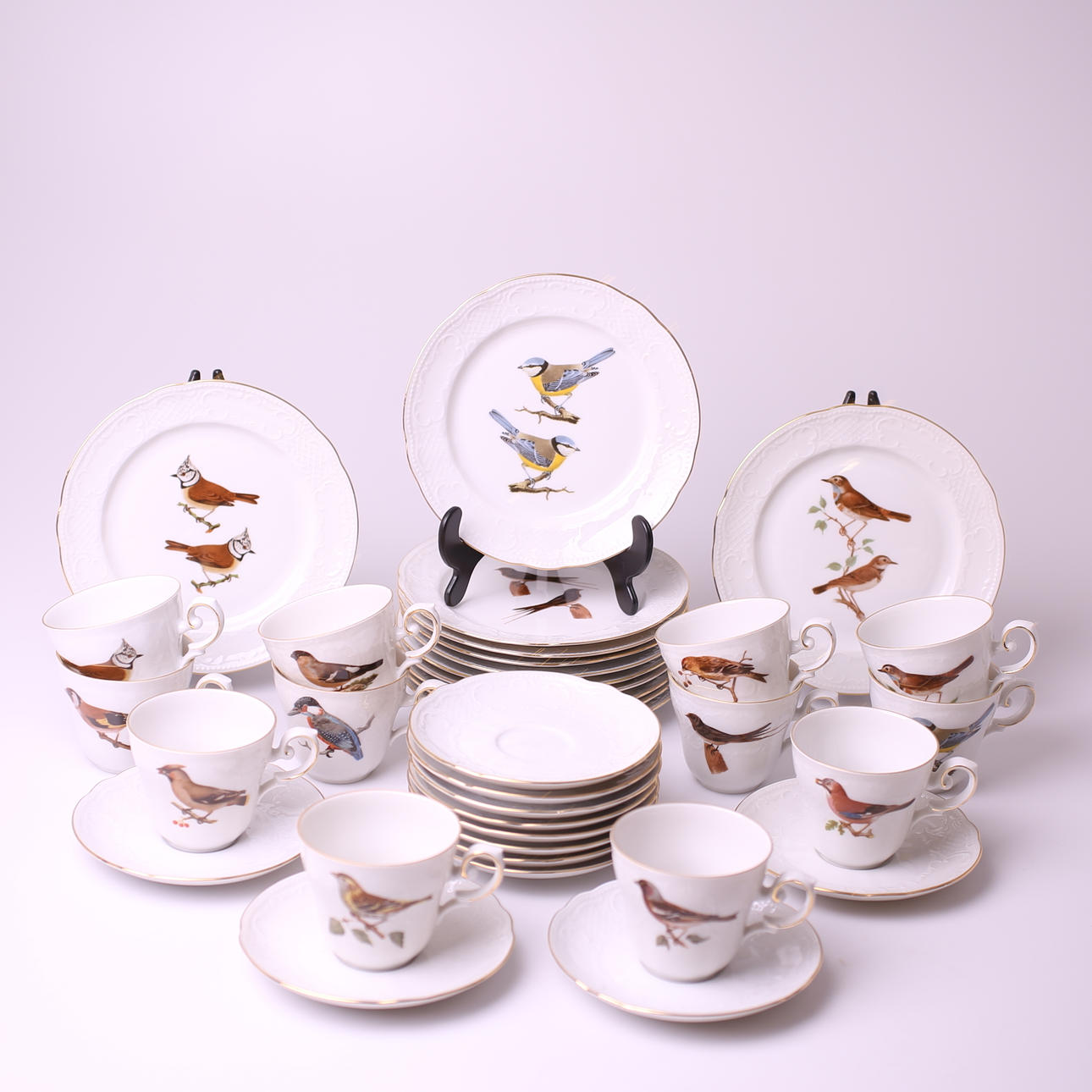 KAFFESERVIS, 36 delar, porslin, fågelmotiv, Fyrklöver, 1976-1987.