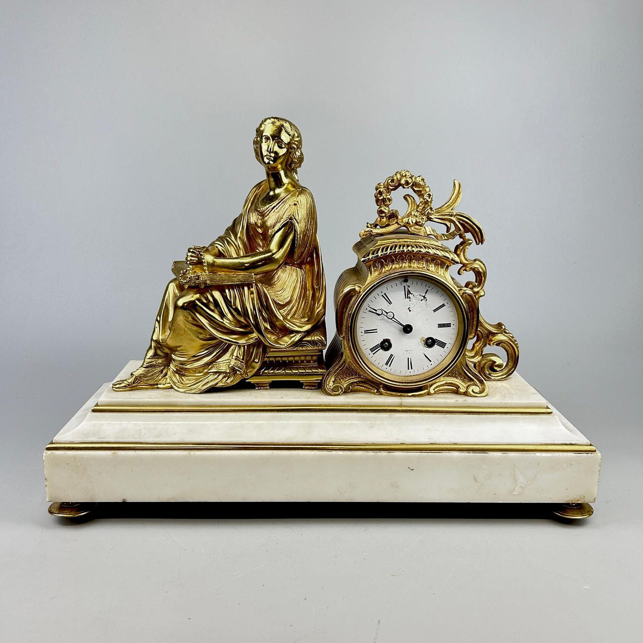 GILT BRONZE & MARBLE FIGURAL CLOCK.