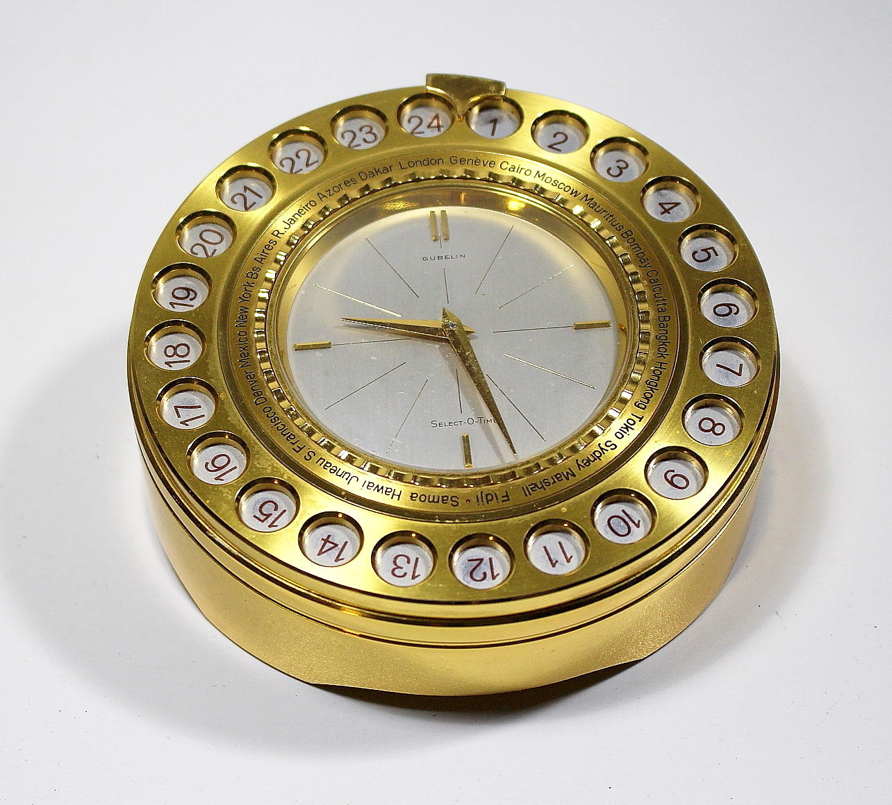 GUBELIN SKYLT/BORDSUR, Select-O-Time, med världstider, omkring 1960-tal.