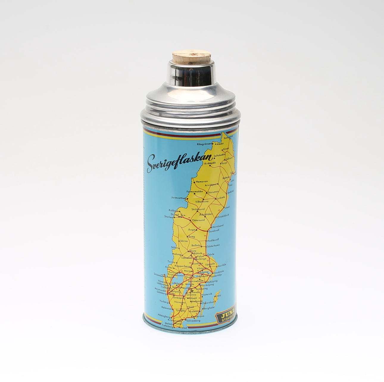 TERMOS, metall, "Sverigeflaskan", June Stålglas, Jönköping, 1900-talets mitt.