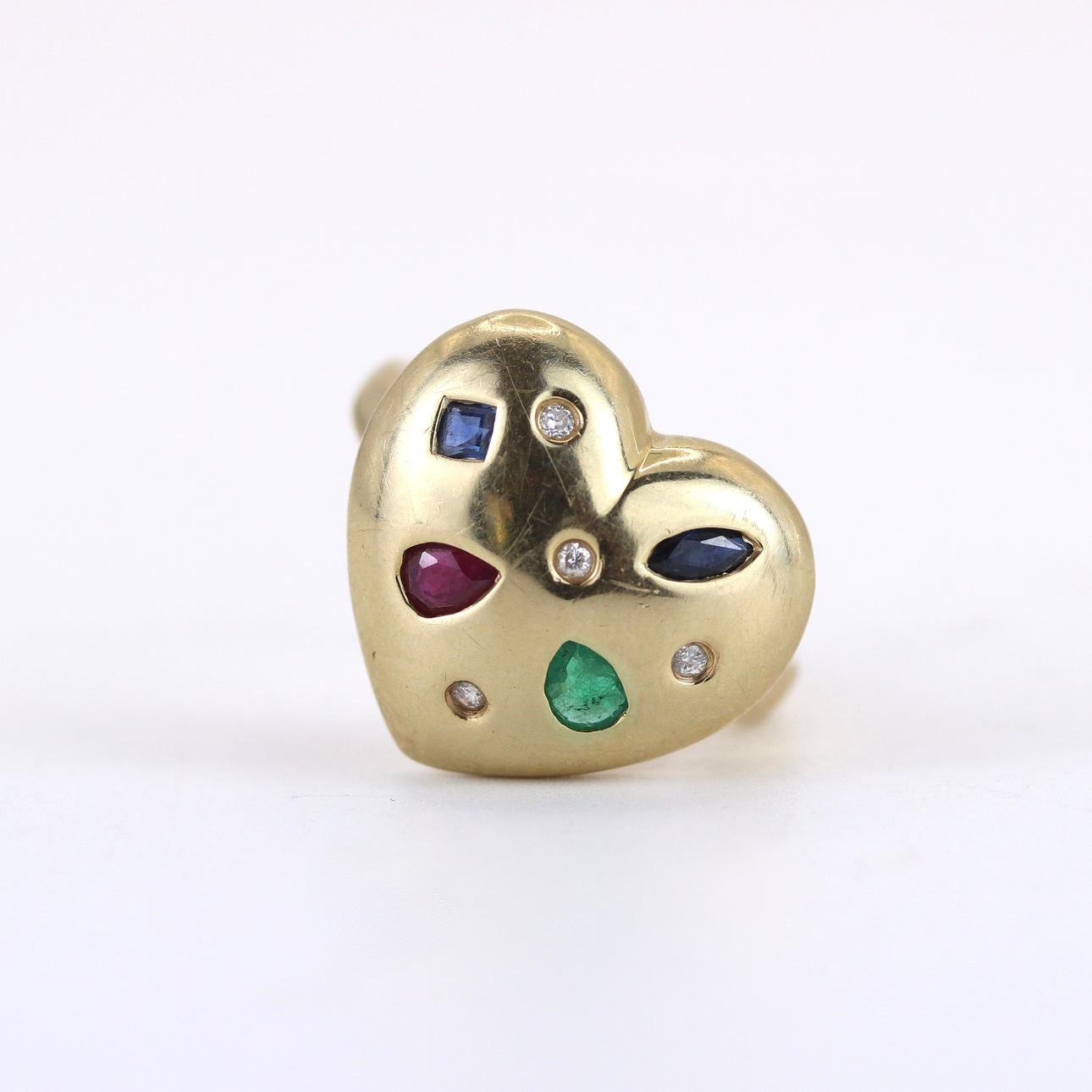 14CT HEART SHAPED RING SET WITH DIAMONDS ETC.