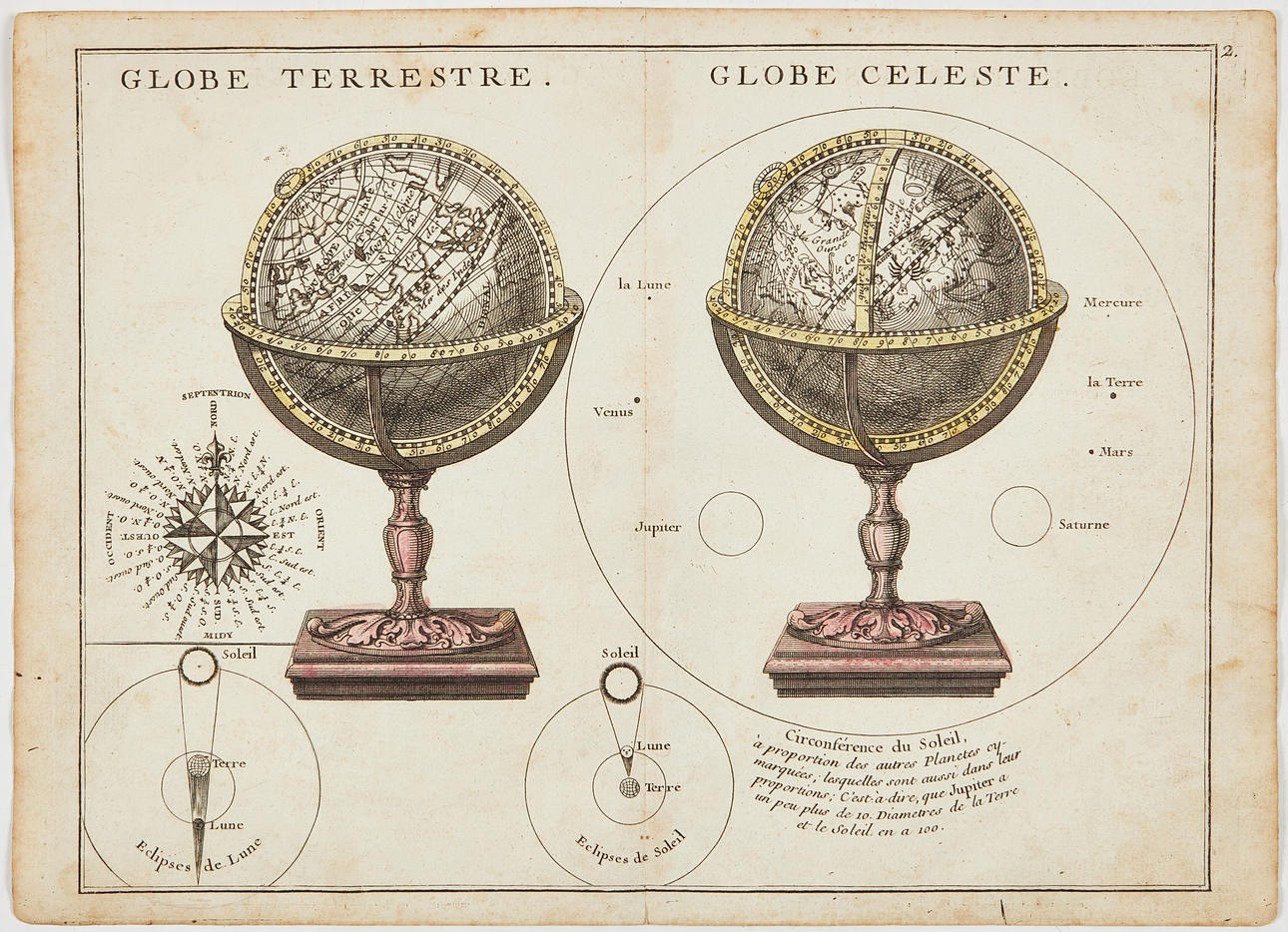 2 MAPS / PLATES ON GLOBES - BY LE ROUGE, C. 1750.