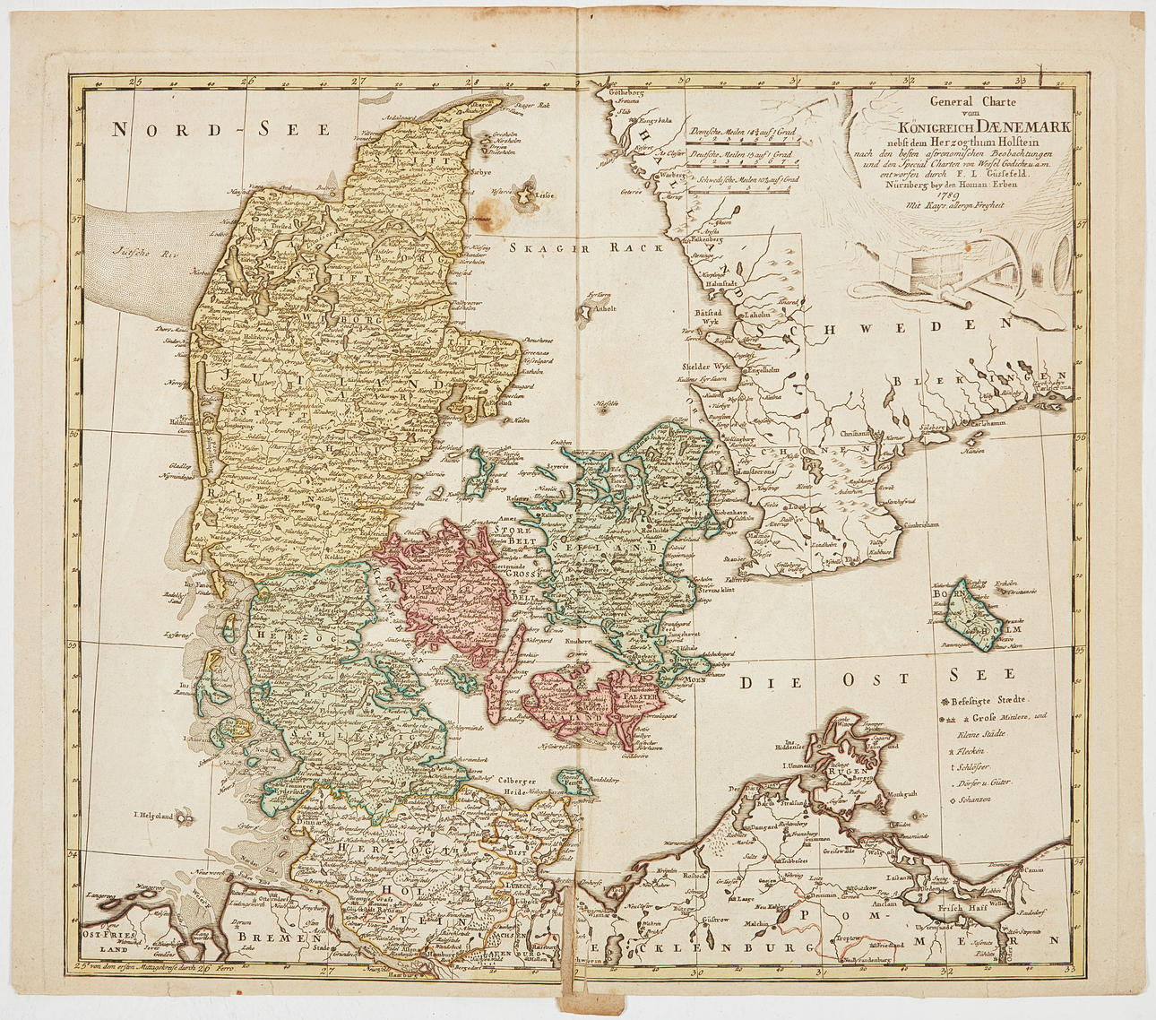 MAP OF DENMARK, GÜSSEFELD, ca 1790.