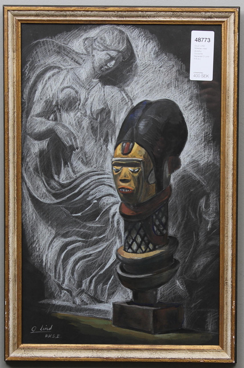 OLLE LIND. Stilleben med skulptur. Gouache. Signerad O.Lind H.K.S.I.