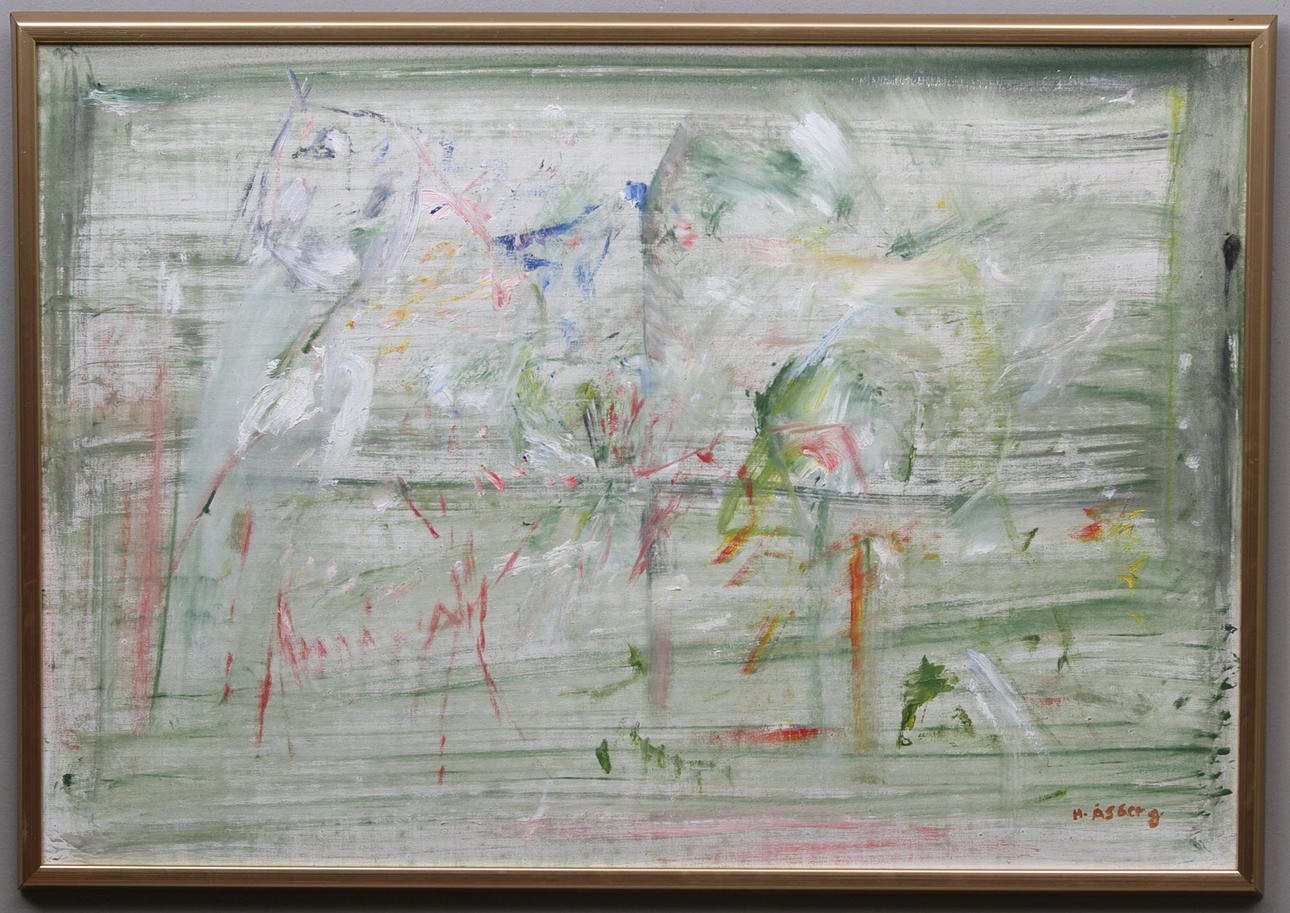 HANS ÅSBERG. Komposition i gröna och röda färger. Olja på duk. Signerad H.Åsberg.