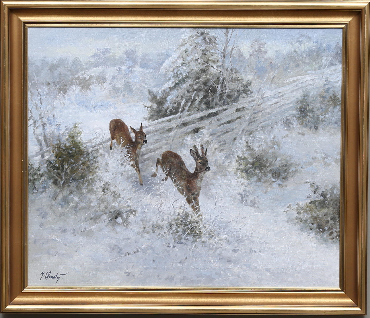 JAROSLAW CHUDY. Rådjur i vinterlandskap. Olja på duk, signerad.