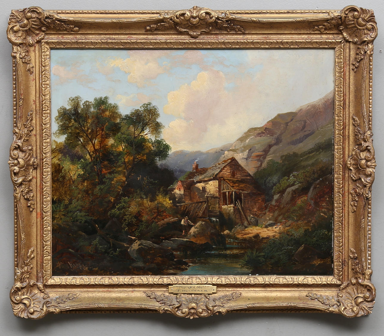FRANZ HOEPFNER. Hus i dalgång med figur vid vatten. Olja på pannå, signerad.1800-tal.