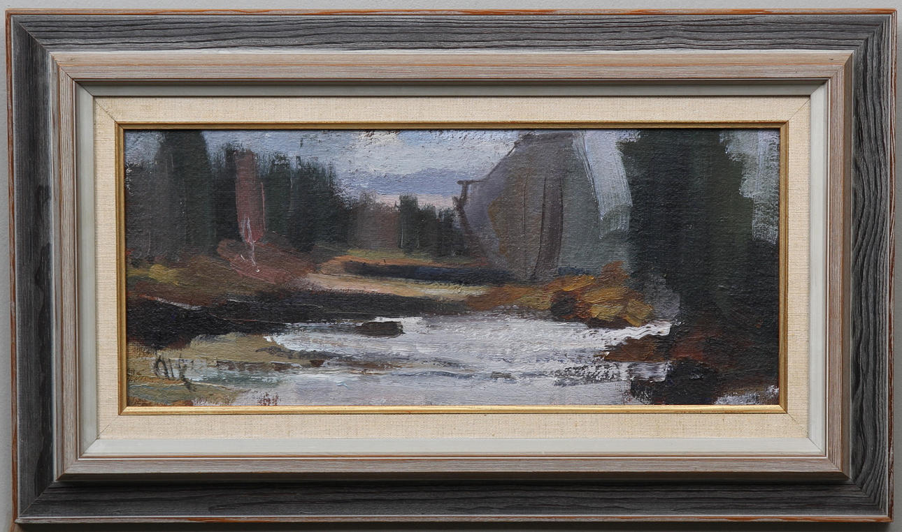 ALF GUSTAVSSON. Landskap med sjö. Olja på pannå. Signerad alf.