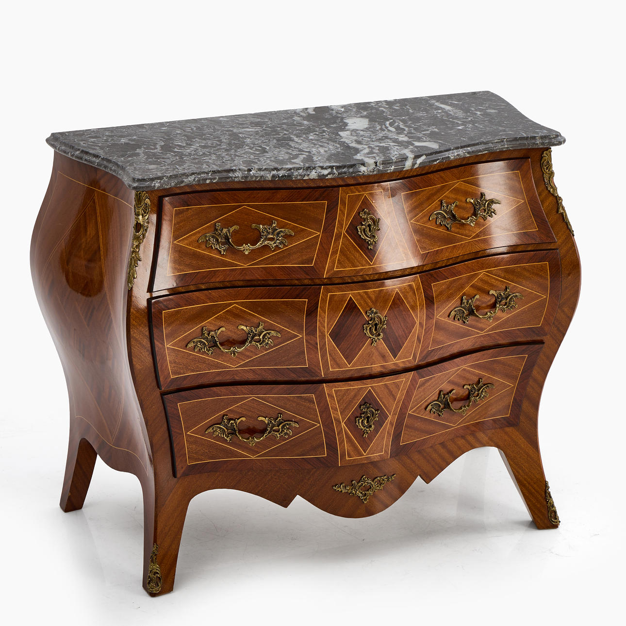 Chest of drawers, rococo style, with stone top, brass fittings, around ...