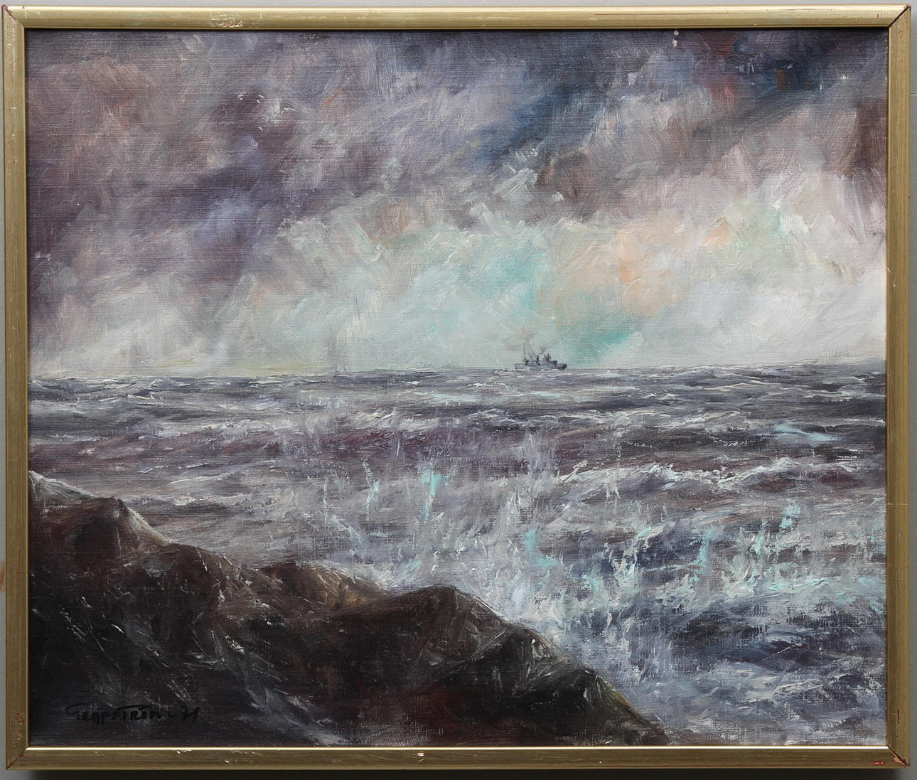 GRAFSTRÖM. Stormigt kustlandskap med fartyg. Olja på duk. Signerad Grafström -71.