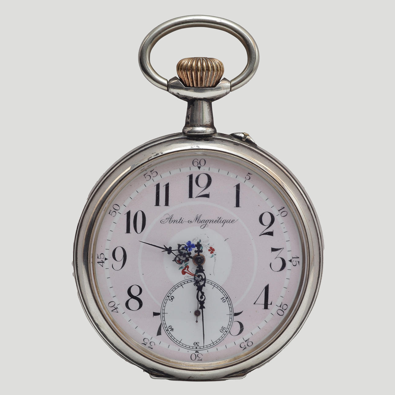 LARGE POCKET WATCH, SILVER (DIAMETER 75mm) WHITE/PINK DIAL, INSIDE CASE ...