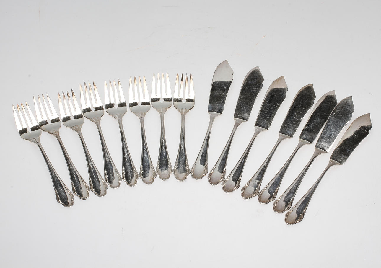 FISKBESTICK, 15 delar, nysilver, "Haga", JLH, 1900-tal.
