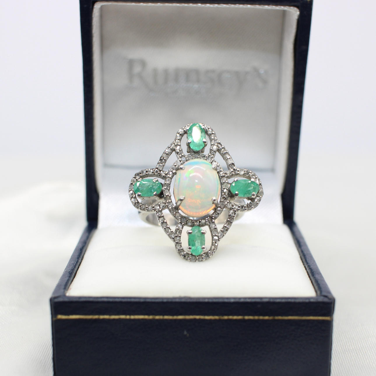 OPAL, EMERALD & DIAMOND RING.