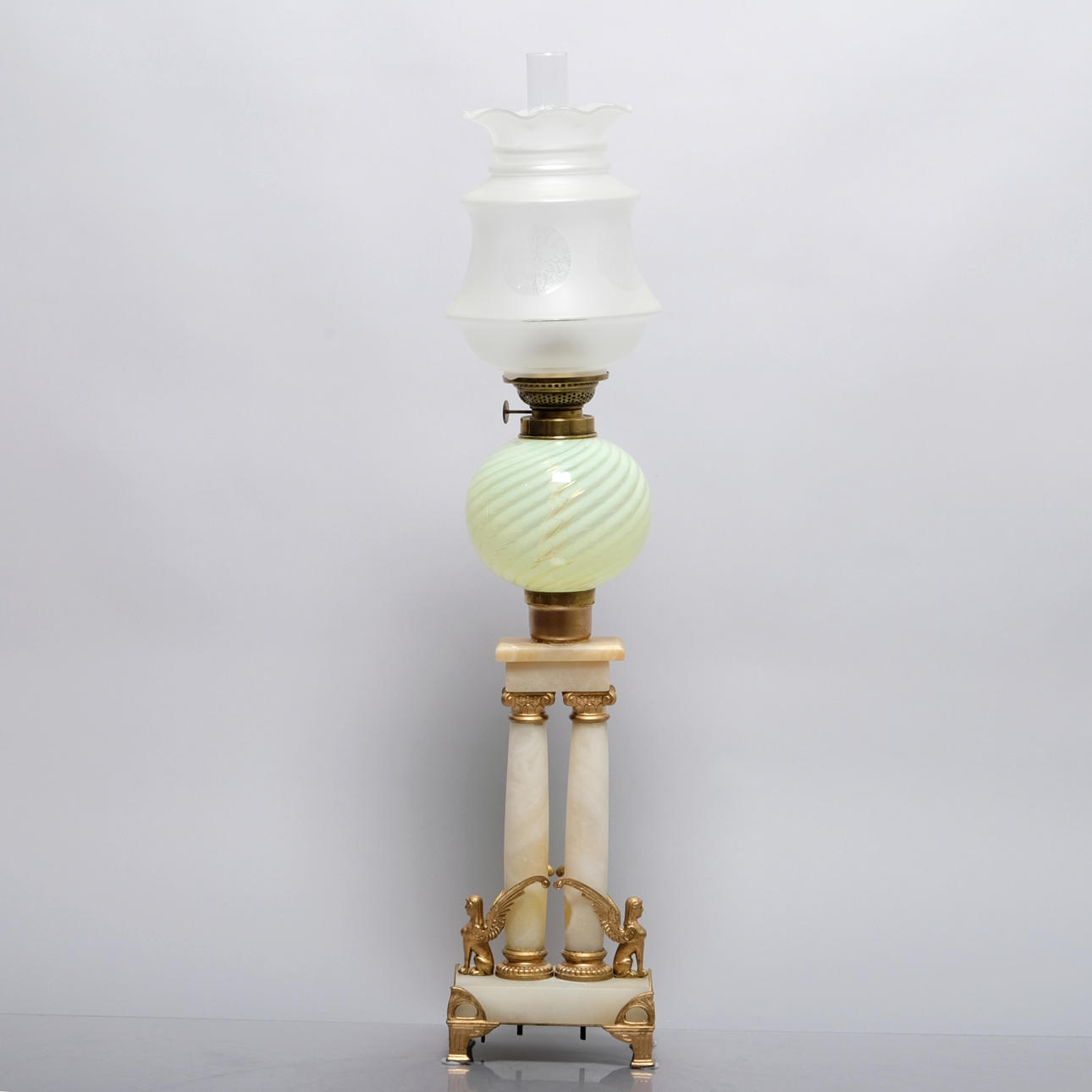 Kerosene lamp, Alabaster, Brass, Glass.