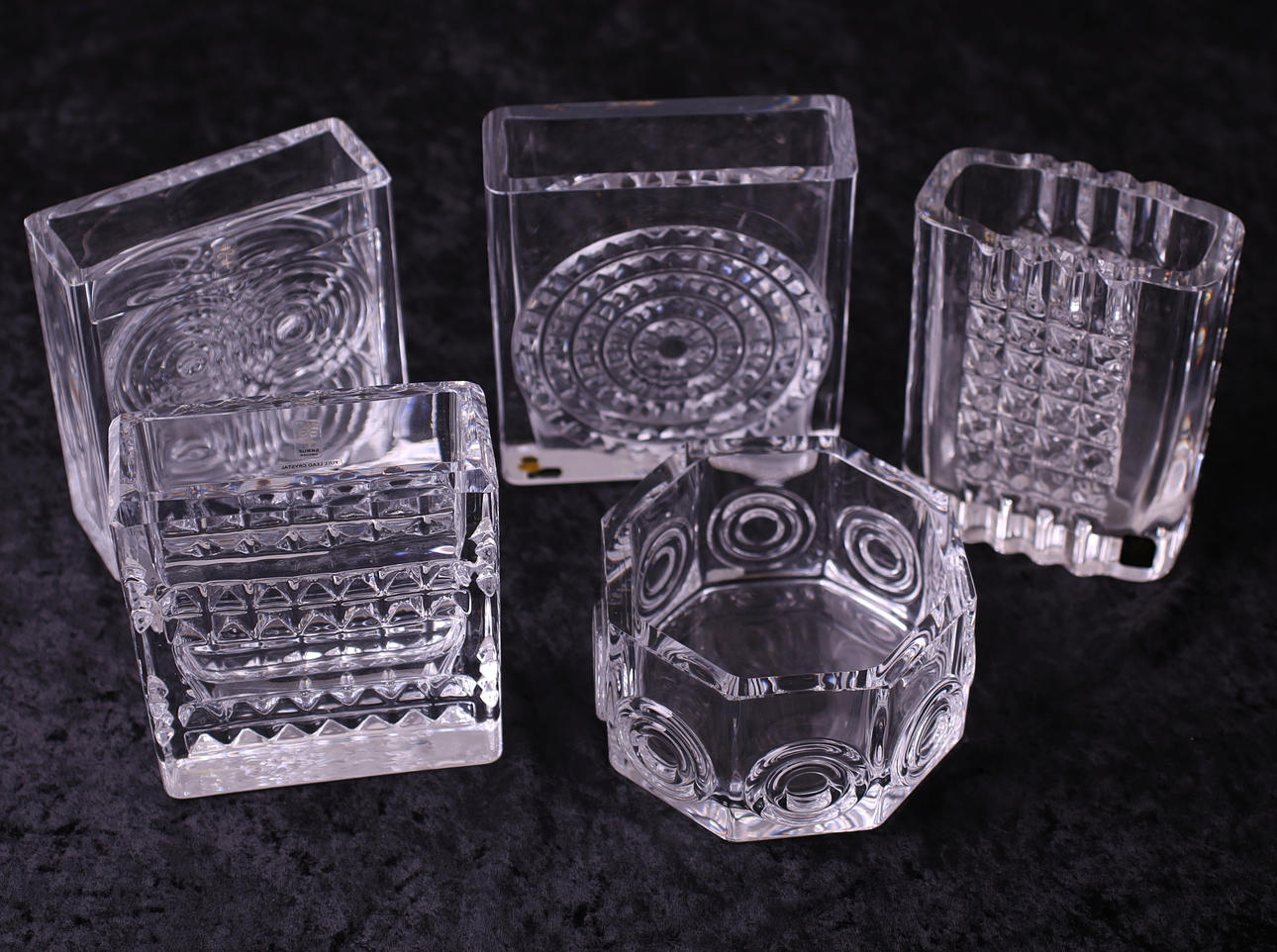 GLASFÖREMÅL, 5 st, transparenta, Skruf, 1900-tal.