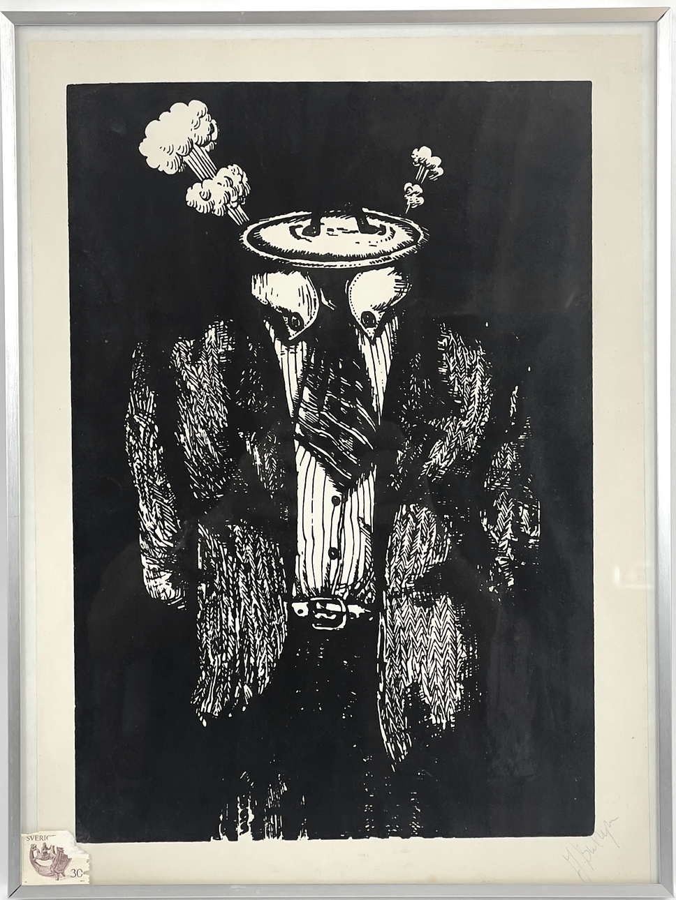 UNIDENTIFIED ARTIST. Graphic leaf, surreal figure, signed.