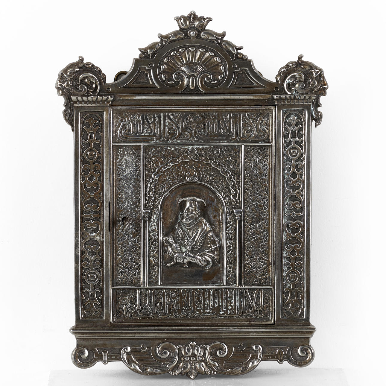 KEY CABINET, circa 1900, Arabic text, metal clad.