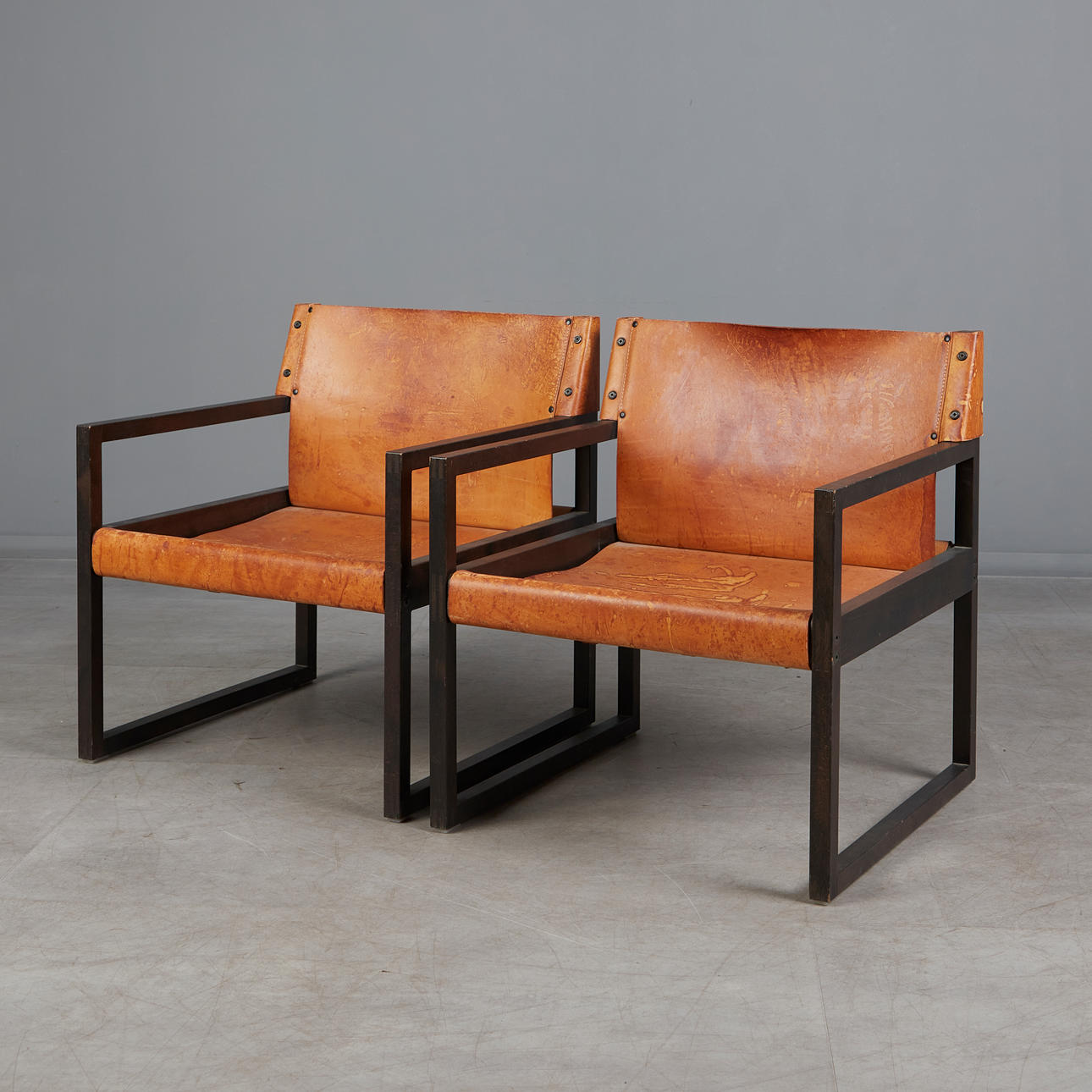 Schlapp furniture, two brutalist chairs, leather, wood, 1960s, Germany ...