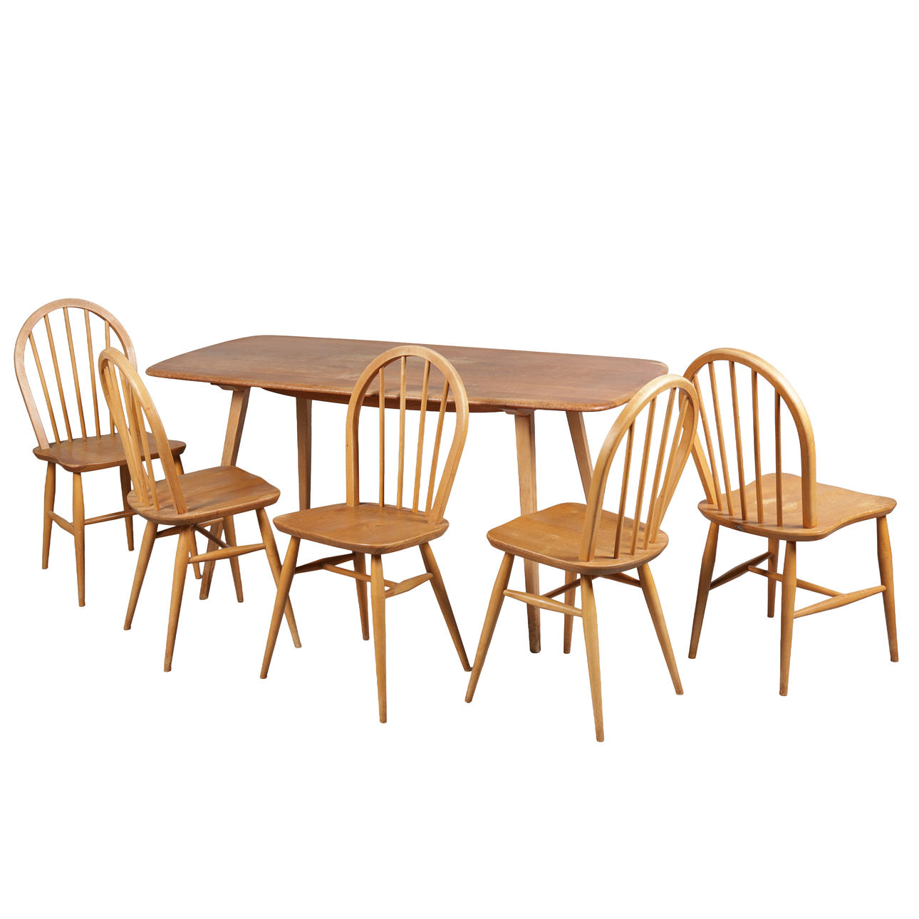 ERCOL MODEL 382 DINING TABLE AND FIVE DINING CHAIRS (6).