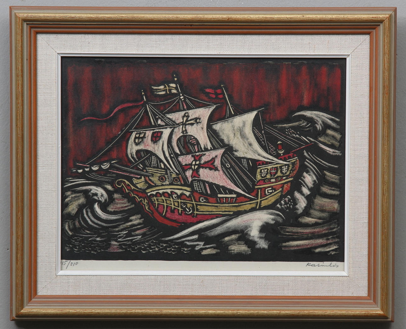 VYTAUTAS KASIULIS. Skepp på stormigt hav. Färgträsnitt. Signerad och numrerad 115/210.