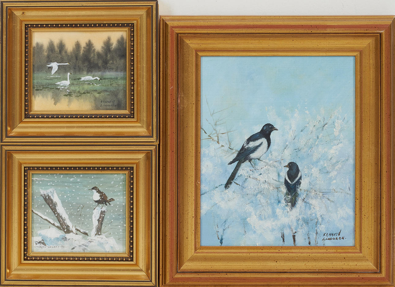 KENNETH LINDGREN. 3 pieces, bird motifs, watercolors and oil on canvas ...
