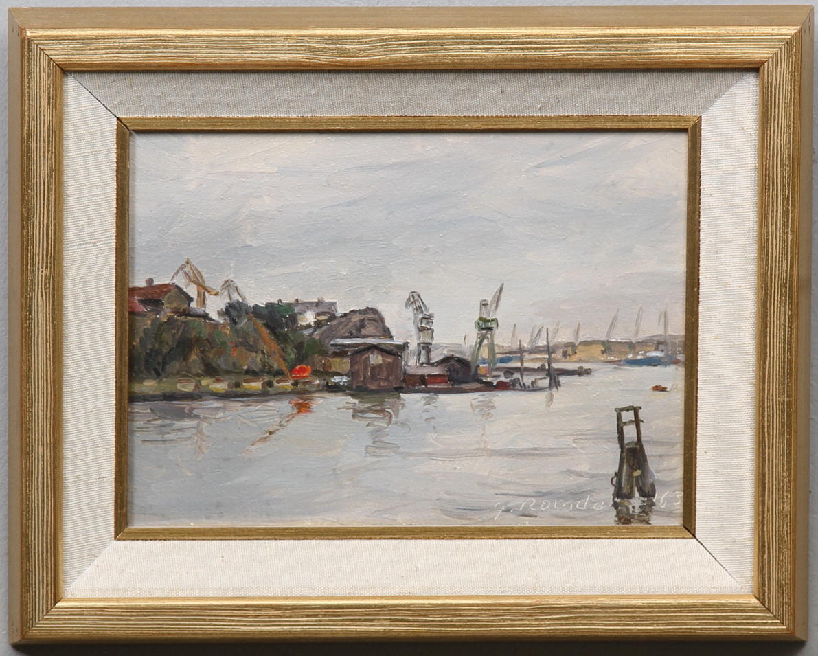 GUNNAR ROMDAHL. "Lindholmens Varv, Göteborg". Olja på pannå. Signerad och daterad 63.