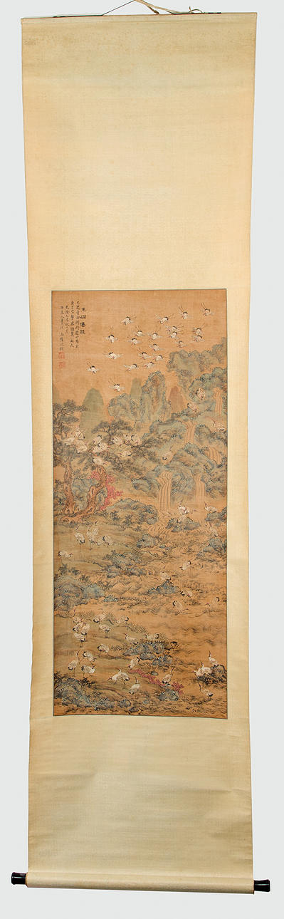 A 20th-century Chinese scroll decorated with cranes.