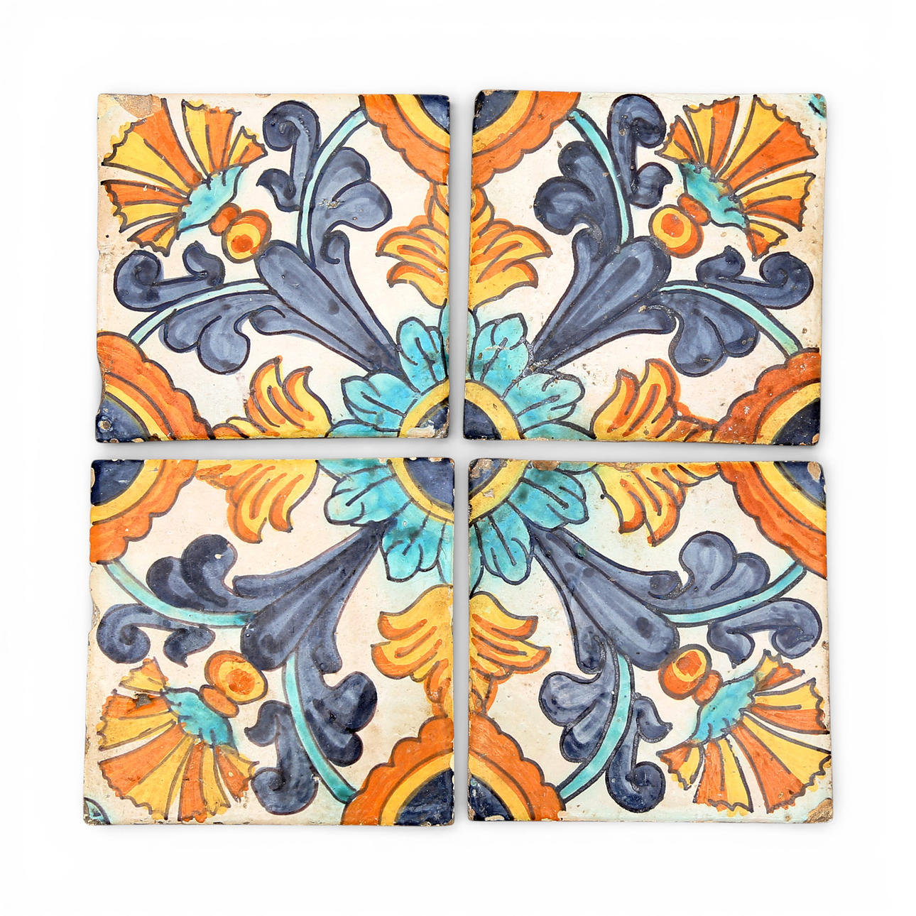 Four Catalan “de mostra” tiles, 17th Century.