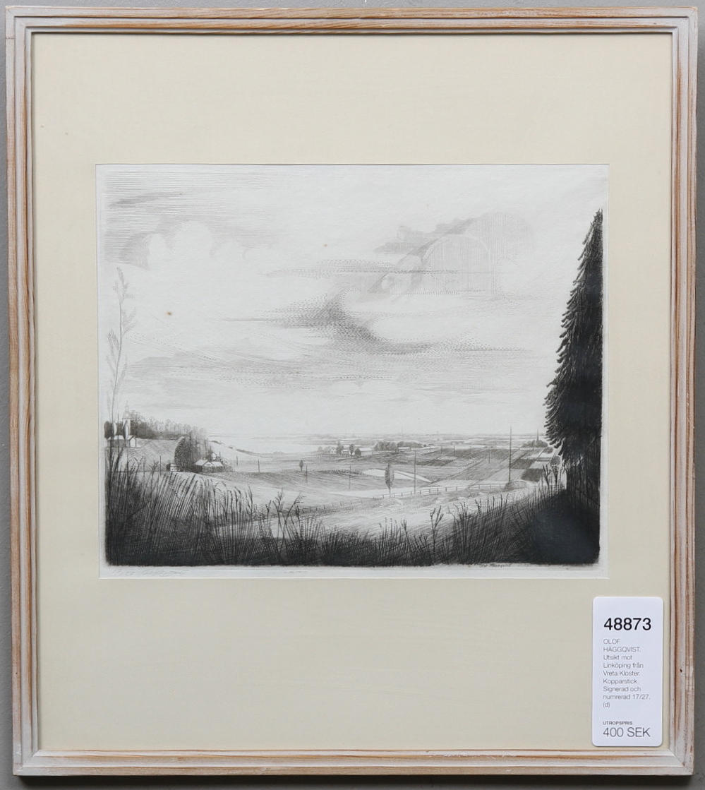 OLOF HÄGGQVIST. Utsikt mot Linköping från Vreta Kloster. Kopparstick. Signerad och numrerad 17/27.