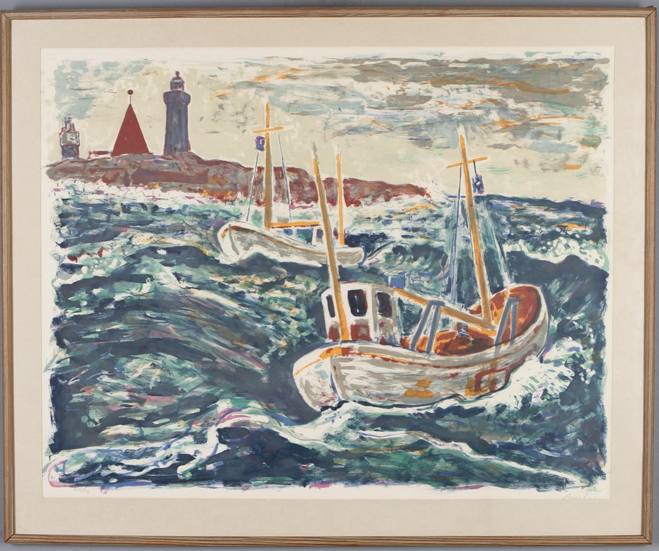 ALBIN AMELIN. Fiskebåtar, färglitografi, signerad och numrerad 286/310.