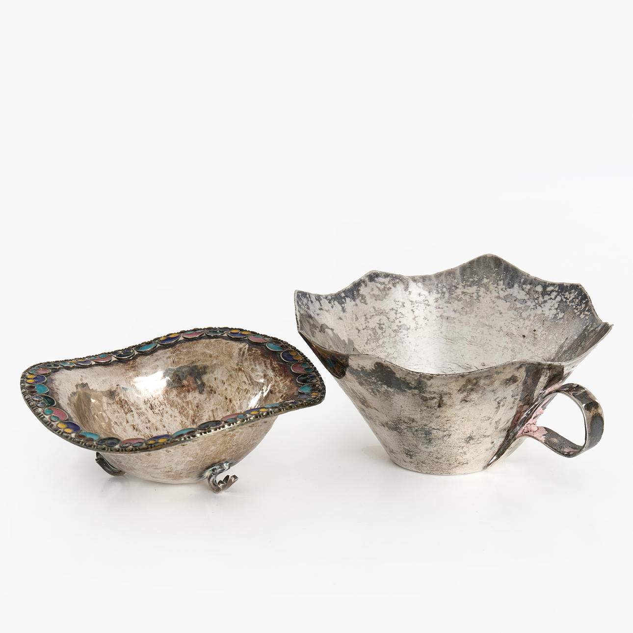 SILVER BOWLS, 2 pcs, hammered surface, enamel decor.