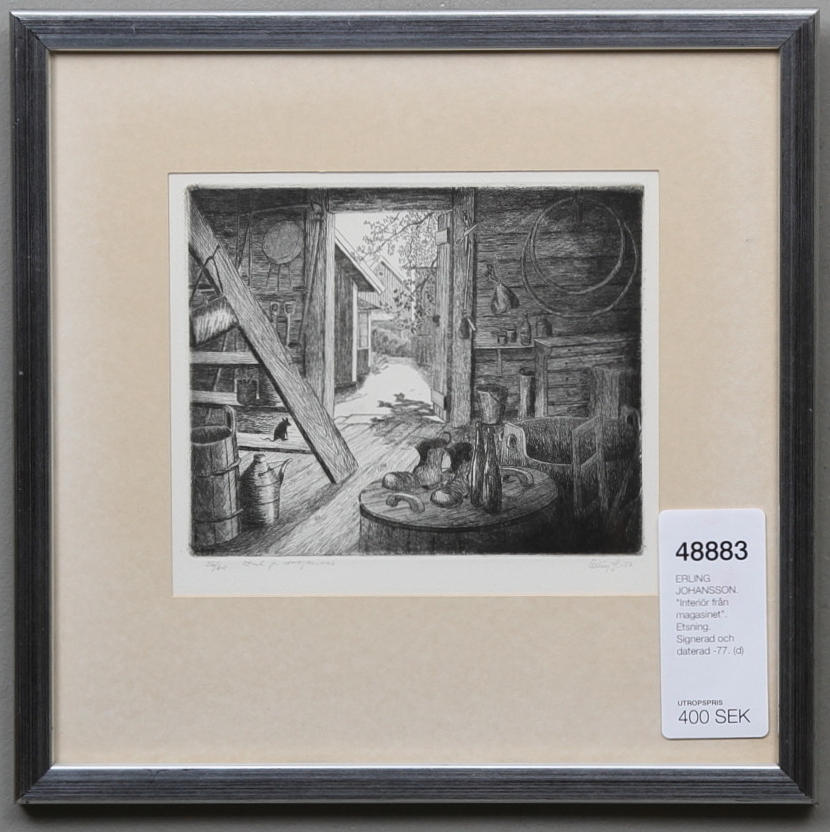ERLING JOHANSSON. "Interiör från magasinet". Etsning. Signerad och daterad -77. Numrerad 36/60.
