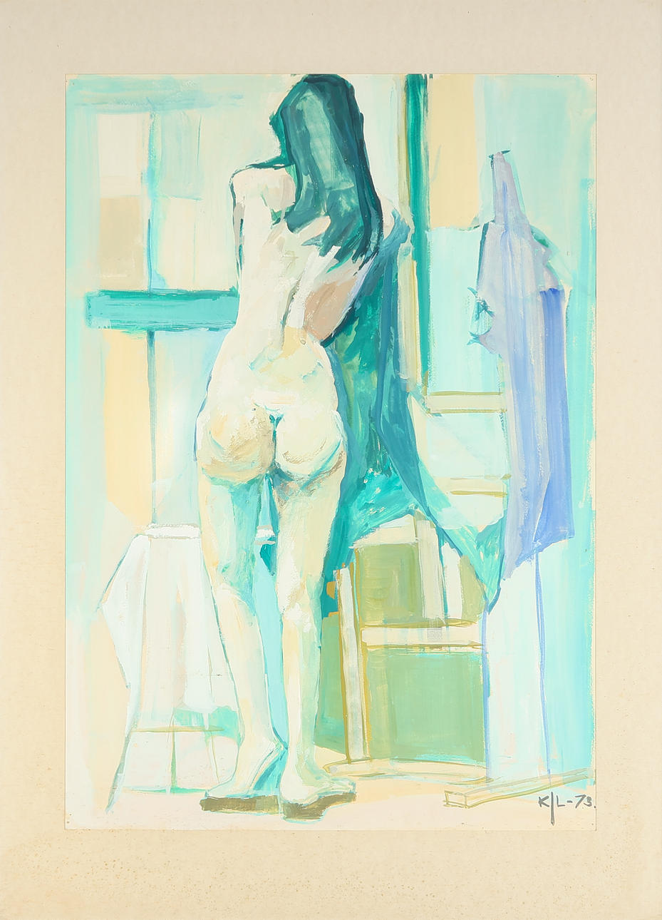 Unknown artist, model studio, gouache on paper, signed and dated 1973.