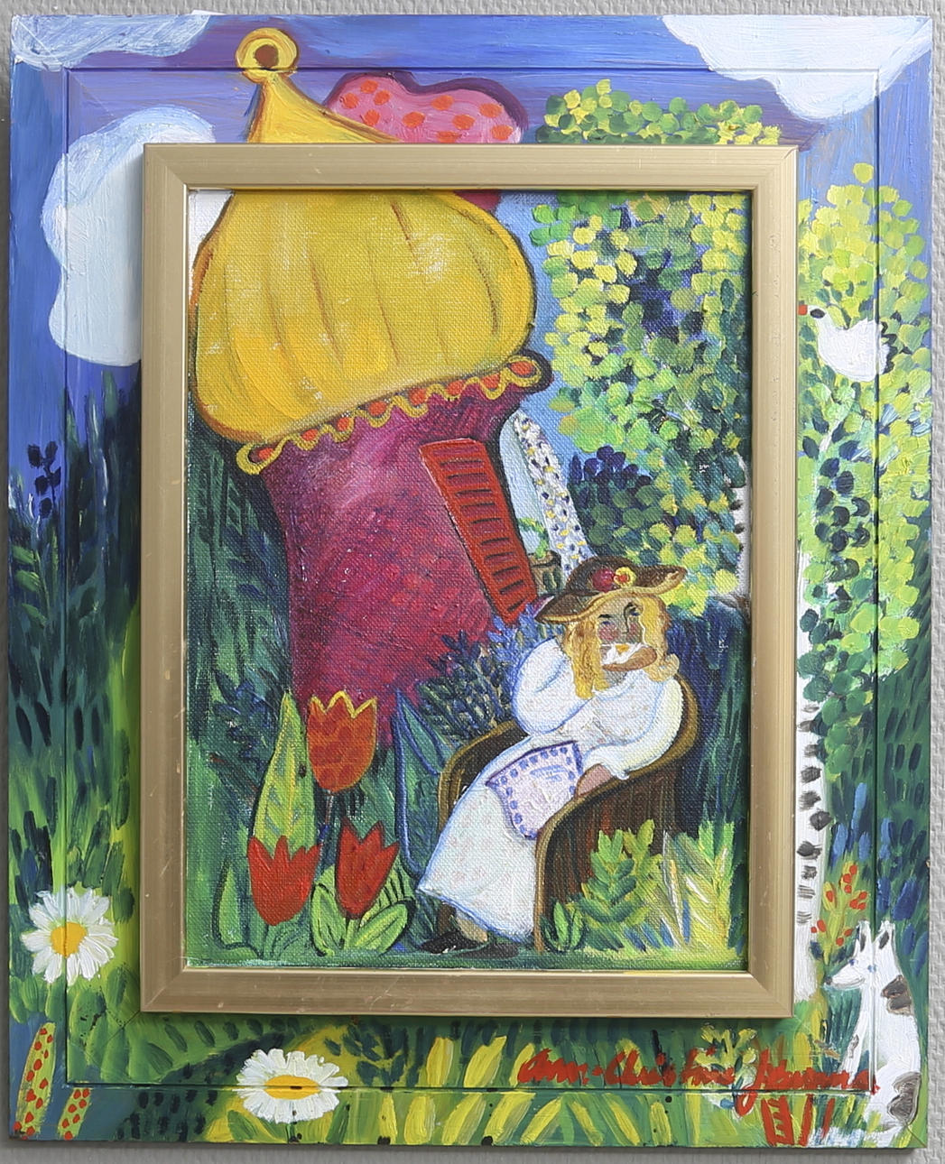 ANN-CHRISTINE JENSMAR. "Kvinna utanför kupol", Olja på duk. Signerad.