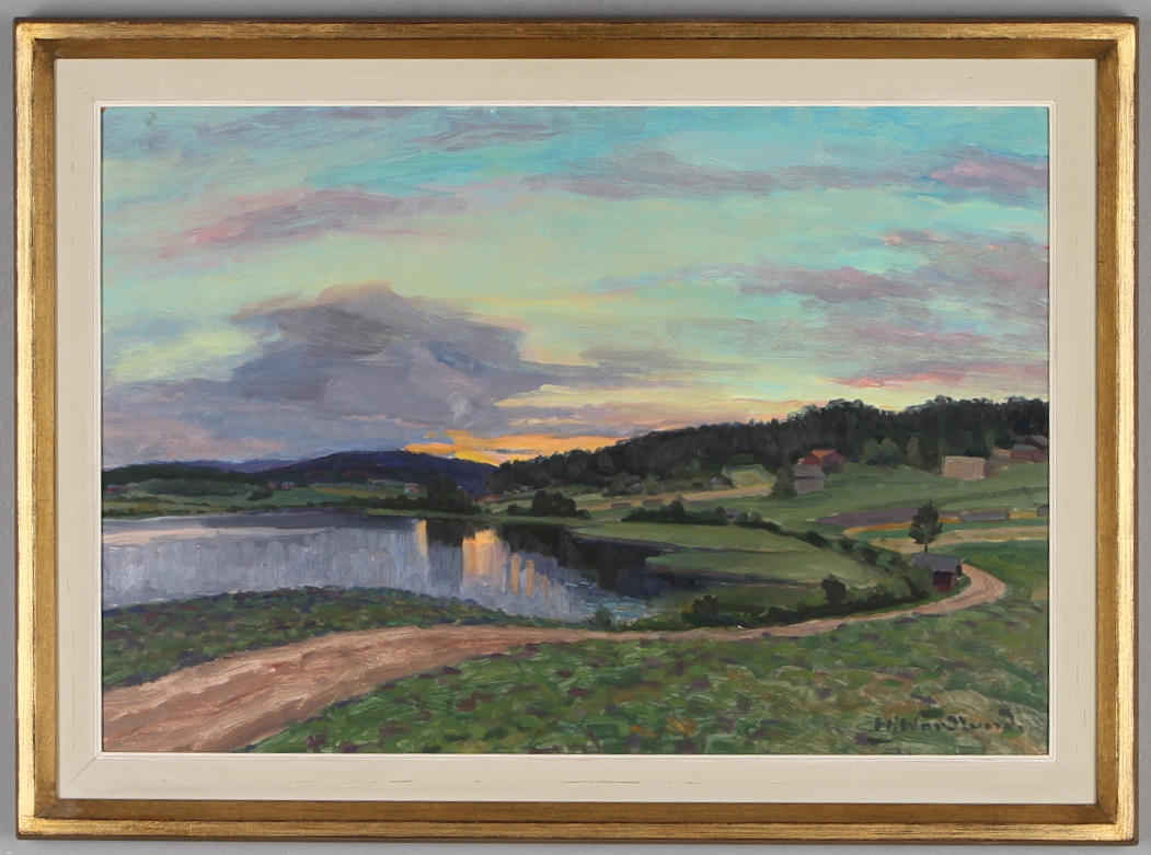 HJALMAR NORDLUND. "Sommarafton", motiv från Attmar, olja på pannå, signerad.