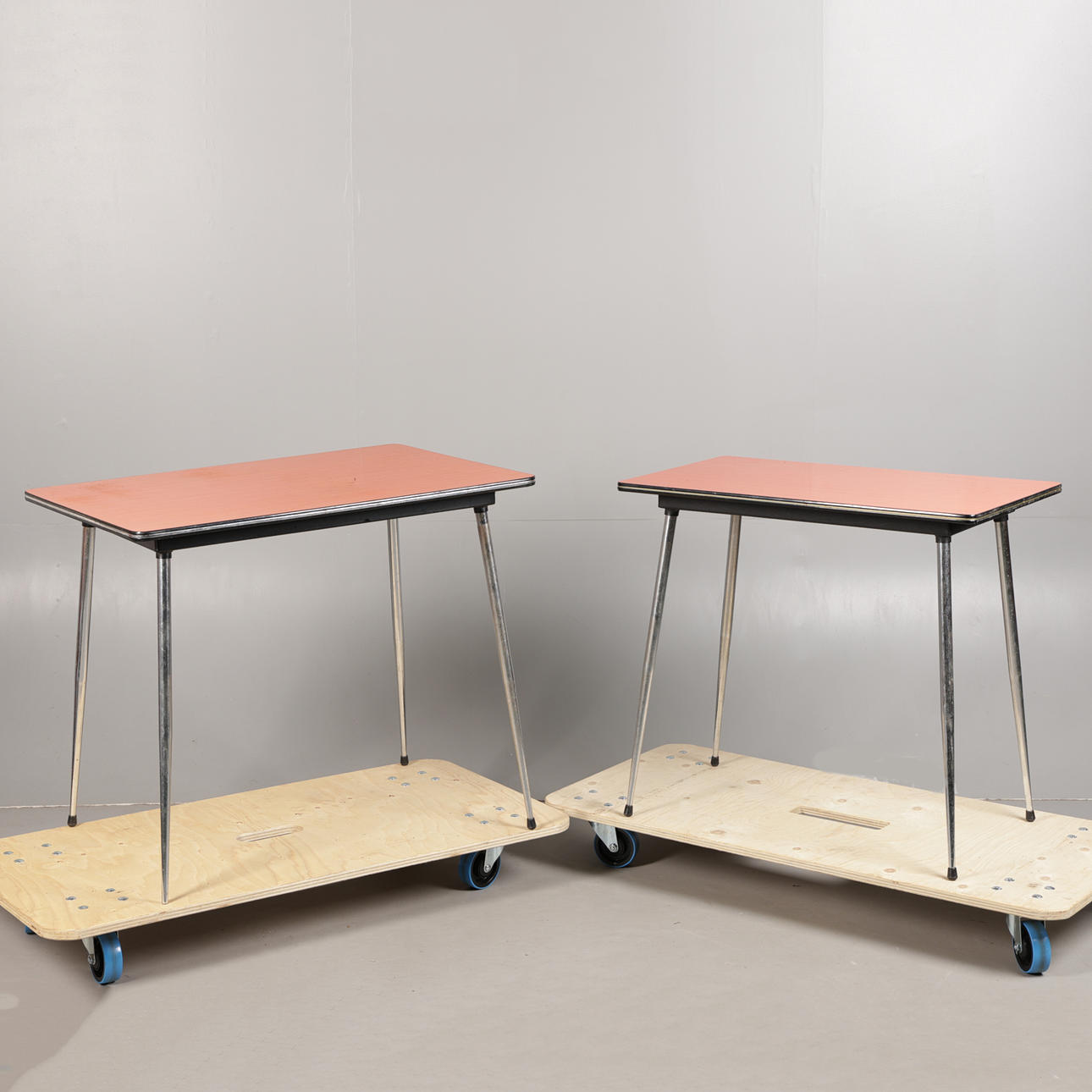 TWO ORANGE FORMICA TOPPED KITCHEN TABLE (2).