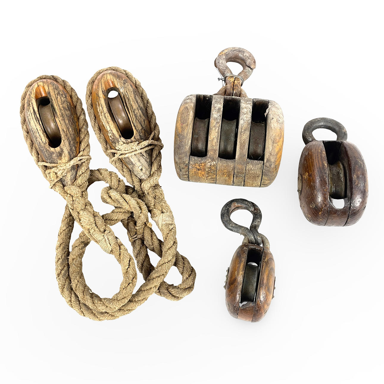 BLOCK/TALJOR, 5 st. Trä, metall & rep, 1900-tal.