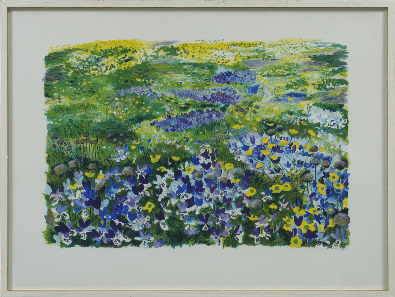 EVY LÅÅS. "En äng av violer", färglitografi, signerad, provtryck.